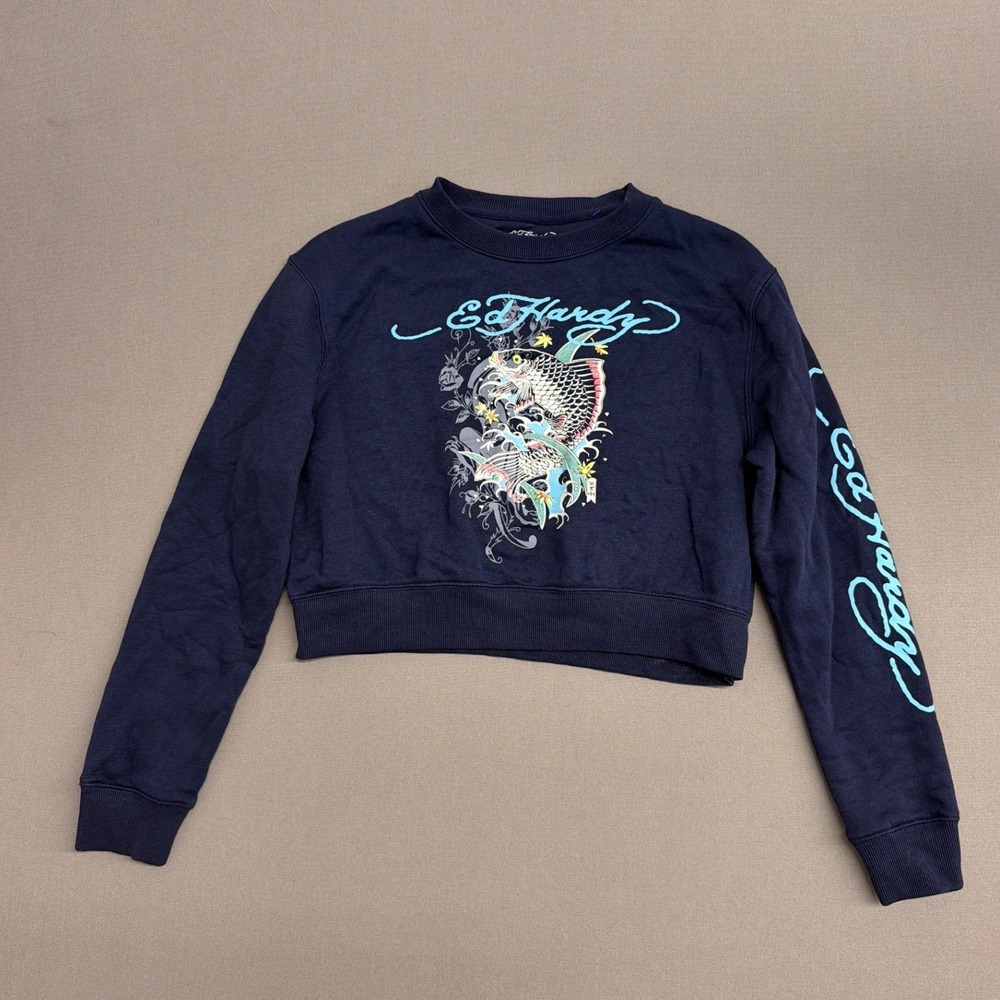Ed Hardy Women Navy Blue Koi Fish Cropped Sweatshirt Size Medium Don Ed Hardy